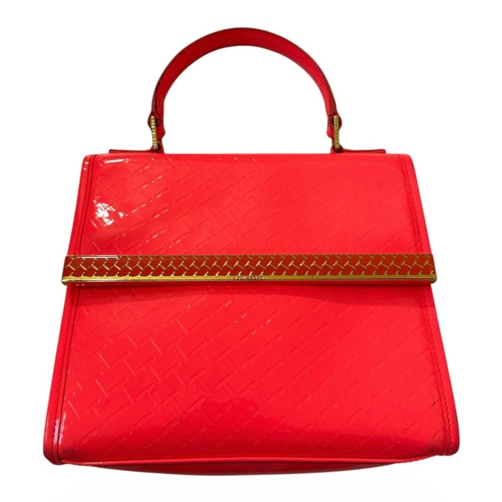Ted Baker London Neon Pink Patent Embossed T Logo Top Handle Bag Gold Hardware